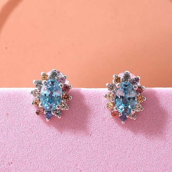 Shop Lc D'Joy Premium Cambodian Blue Zircon And Multi Sapphire 1.85 Ctw Royal Bloom Earrings In Rhodium Over Sterling Silver