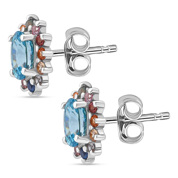 Shop Lc D'Joy Premium Cambodian Blue Zircon And Multi Sapphire 1.85 Ctw Royal Bloom Earrings In Rhodium Over Sterling Silver