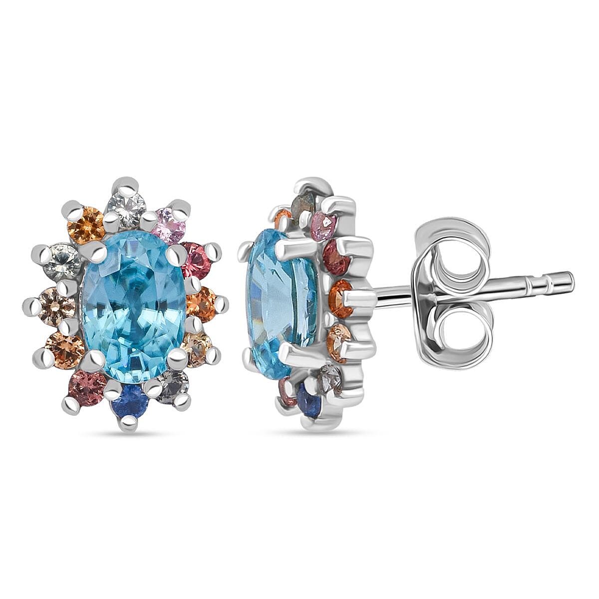 shop lc D'Joy Premium Cambodian Blue Zircon and Multi Sapphire 1.85 ctw Royal Bloom Earrings in Rhodium Over Sterling Silver