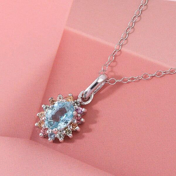 Shop Lc D'Joy Premium Cambodian Blue Zircon And Multi Sapphire 1.50 Ctw Royal Bloom Pendant Necklace In Rhodium Over Sterling Silver 20 Inches