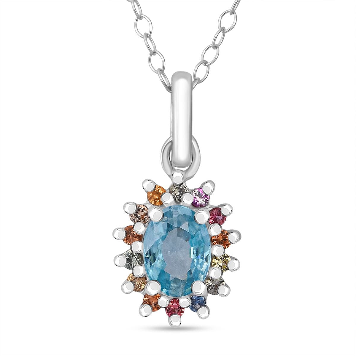 shop lc D'Joy Premium Cambodian Blue Zircon and Multi Sapphire 1.50 ctw Royal Bloom Pendant Necklace in Rhodium Over Sterling Silver 20 Inches