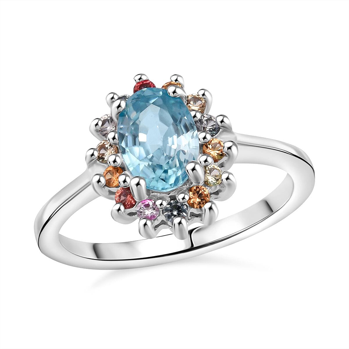 shop lc D'Joy Premium Cambodian Blue Zircon and Multi Sapphire 1.50 ctw Royal Bloom Ring in Rhodium Over Sterling Silver