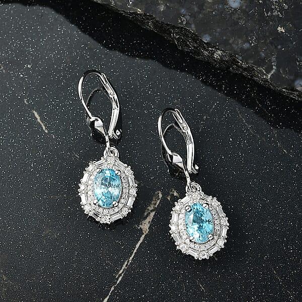 Shop Lc D'Joy Premium Camboidan Blue Zircon And Moissanite 3.25 Ctw Crown Halo Earrings In Rhodium Over Sterling Silver