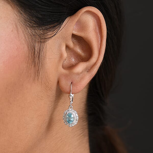 Shop Lc D'Joy Premium Camboidan Blue Zircon And Moissanite 3.25 Ctw Crown Halo Earrings In Rhodium Over Sterling Silver