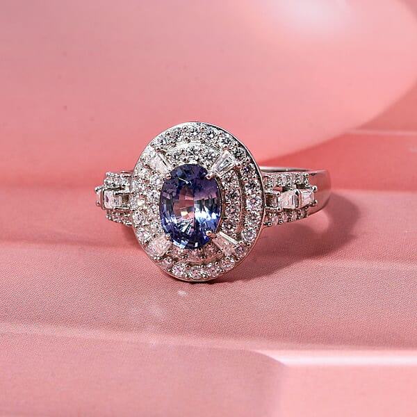 Shop Lc D'Joy Premium Ceylon Blue Sapphire And Moissanite 1.60 Ctw Celestial Halo Ring In Rhodium Over Sterling Silver