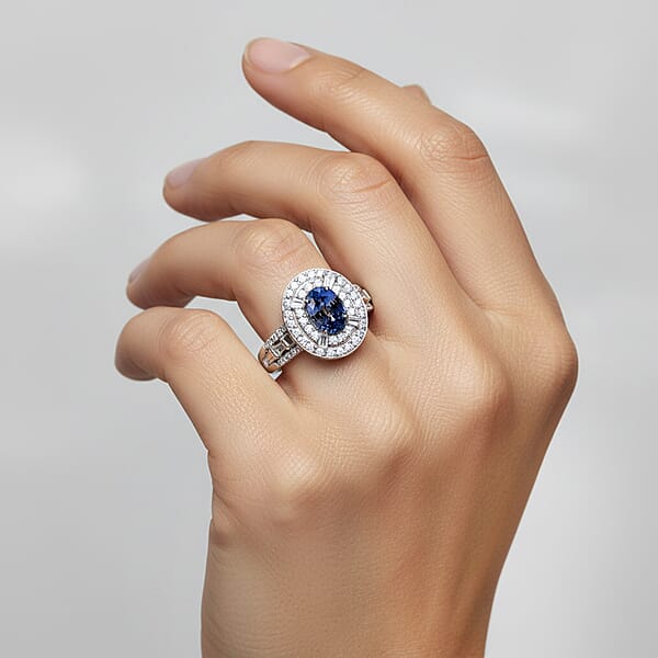 Shop Lc D'Joy Premium Ceylon Blue Sapphire And Moissanite 1.60 Ctw Celestial Halo Ring In Rhodium Over Sterling Silver
