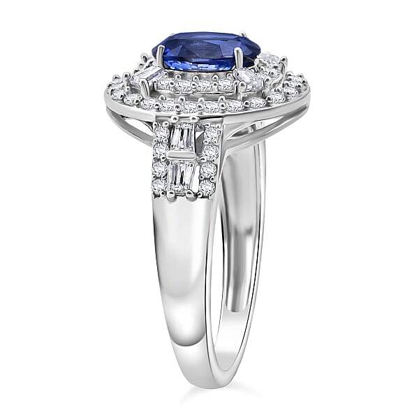 Shop Lc D'Joy Premium Ceylon Blue Sapphire And Moissanite 1.60 Ctw Celestial Halo Ring In Rhodium Over Sterling Silver