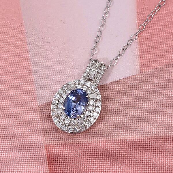 Shop Lc D'Joy Premium Ceylon Blue Sapphire And Moissanite 1.50 Ctw Celestial Halo Pendant Necklace In Rhodium Over Sterling Silver 20 Inches