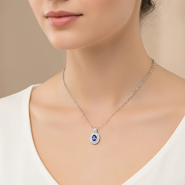 Shop Lc D'Joy Premium Ceylon Blue Sapphire And Moissanite 1.50 Ctw Celestial Halo Pendant Necklace In Rhodium Over Sterling Silver 20 Inches