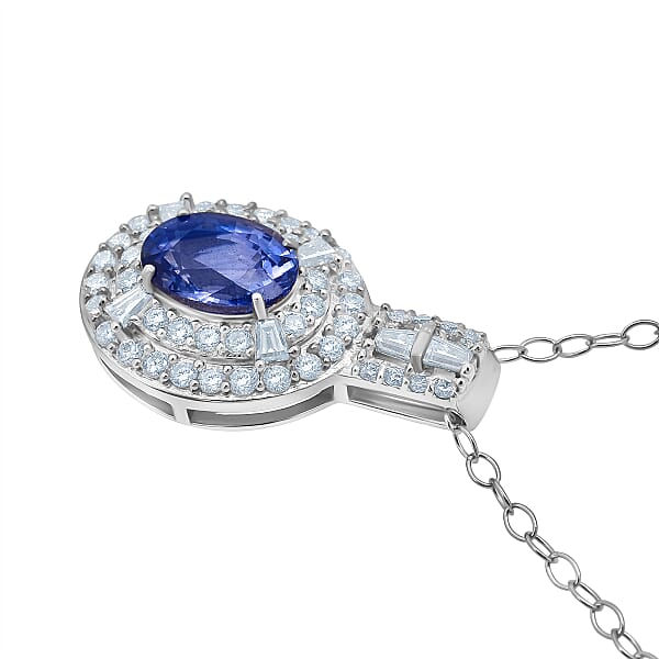 Shop Lc D'Joy Premium Ceylon Blue Sapphire And Moissanite 1.50 Ctw Celestial Halo Pendant Necklace In Rhodium Over Sterling Silver 20 Inches