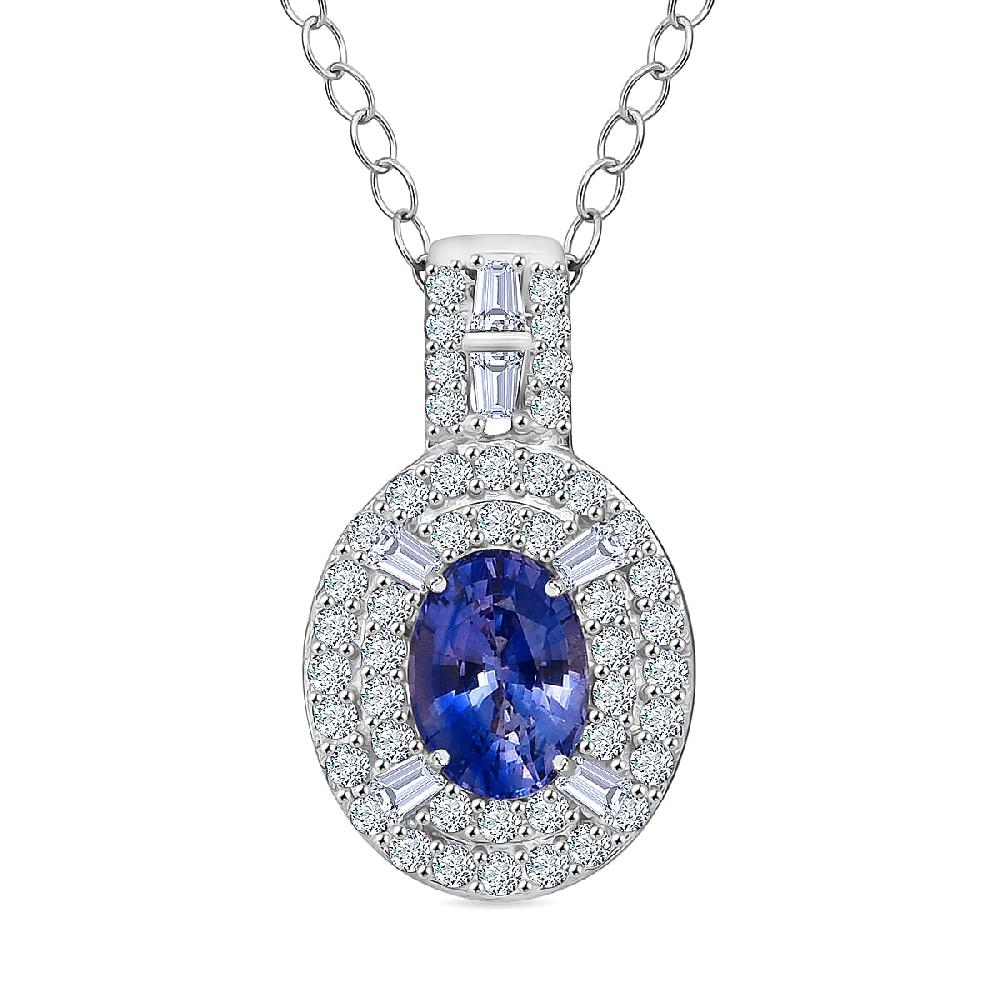 shop lc D'Joy Premium Ceylon Blue Sapphire and Moissanite 1.50 ctw Celestial Halo Pendant Necklace in Rhodium Over Sterling Silver 20 Inches