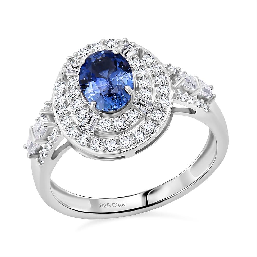 shop lc D'Joy Premium Ceylon Blue Sapphire and Moissanite 1.60 ctw Celestial Halo Ring in Rhodium Over Sterling Silver