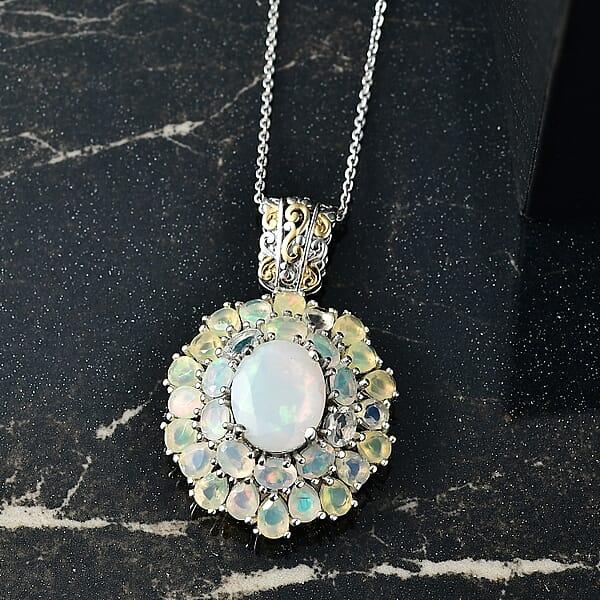 Shop Lc D'Joy Premium Ethiopian Welo Opal 5.30 Ctw Bloom Pendant Necklace In 18K Vermeil YG And Rhodium Over Sterling Silver 20 Inches