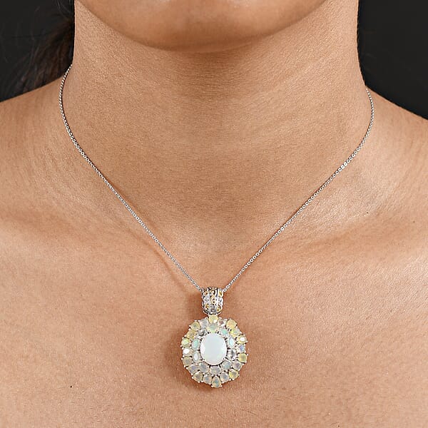Shop Lc D'Joy Premium Ethiopian Welo Opal 5.30 Ctw Bloom Pendant Necklace In 18K Vermeil YG And Rhodium Over Sterling Silver 20 Inches