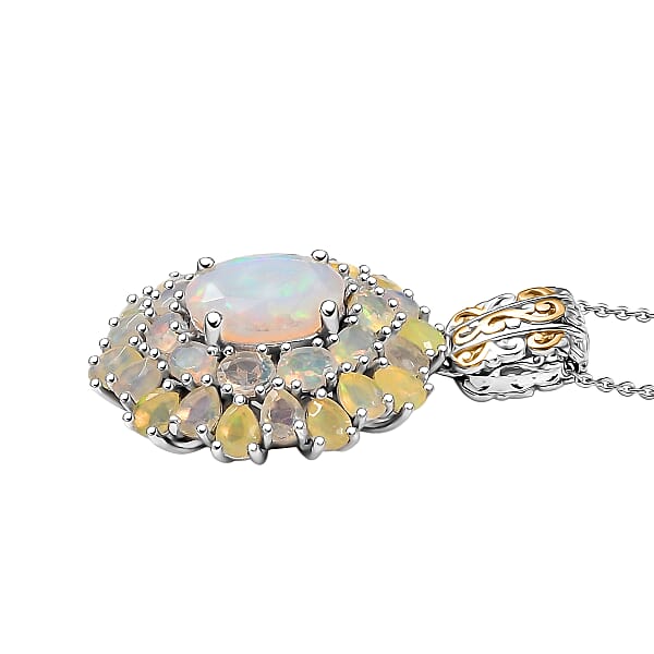 Shop Lc D'Joy Premium Ethiopian Welo Opal 5.30 Ctw Bloom Pendant Necklace In 18K Vermeil YG And Rhodium Over Sterling Silver 20 Inches