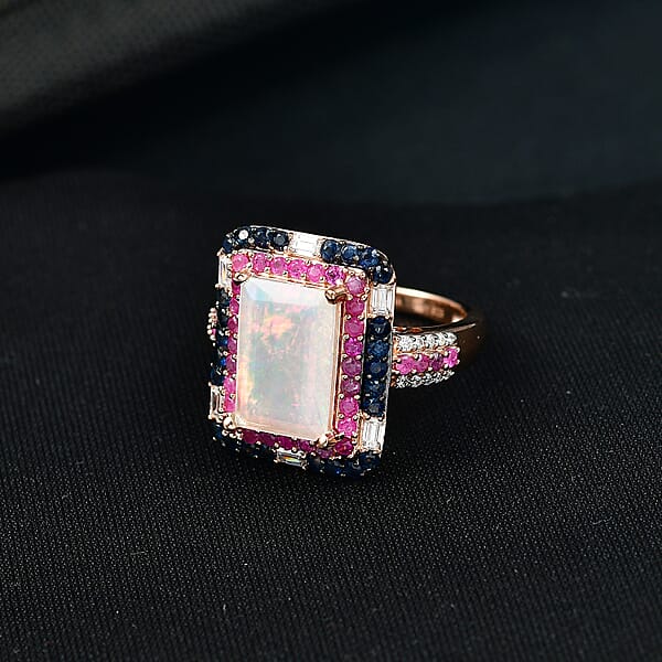 Shop Lc D'Joy Premium Ethiopian Welo Opal And Multi Gemstone 4.15 Ctw Aurora Opal Ring In 18K Vermeil Rose Gold Over Sterling Silver