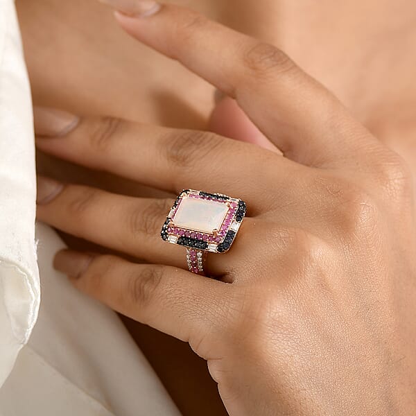 Shop Lc D'Joy Premium Ethiopian Welo Opal And Multi Gemstone 4.15 Ctw Aurora Opal Ring In 18K Vermeil Rose Gold Over Sterling Silver
