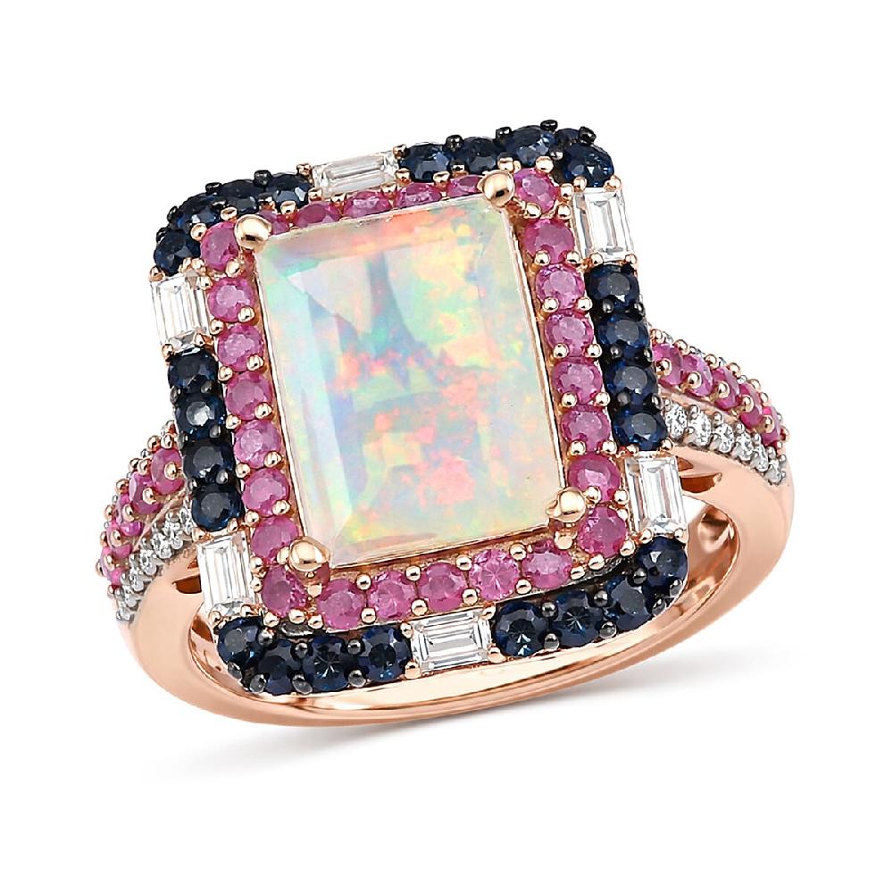 shop lc D'Joy Premium Ethiopian Welo Opal and Multi Gemstone 4.15 ctw Aurora Opal Ring in 18K Vermeil Rose Gold Over Sterling Silver