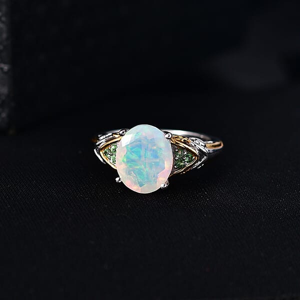 Shop Lc D'Joy Premium Ethiopian Welo Opal And Tsavorite Garnet 1.80 Ctw Aurora Leaf Crest Ring In 18K Vermeil YG And Rhodium Over Sterling Silver