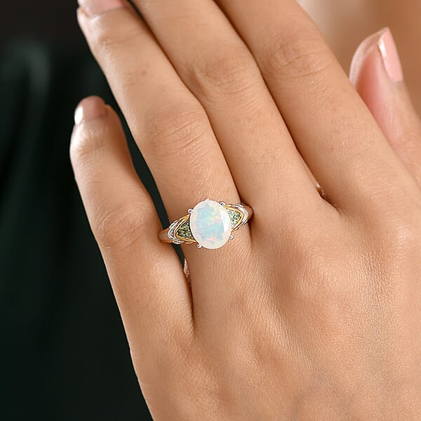 Shop Lc D'Joy Premium Ethiopian Welo Opal And Tsavorite Garnet 1.80 Ctw Aurora Leaf Crest Ring In 18K Vermeil YG And Rhodium Over Sterling Silver