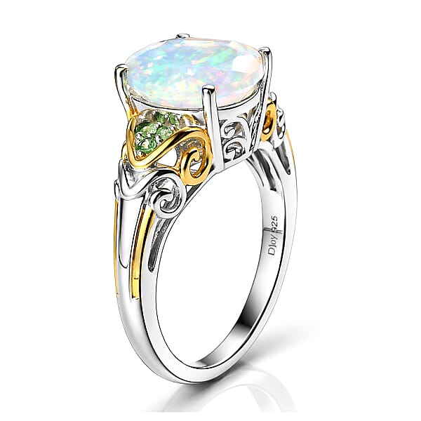 Shop Lc D'Joy Premium Ethiopian Welo Opal And Tsavorite Garnet 1.80 Ctw Aurora Leaf Crest Ring In 18K Vermeil YG And Rhodium Over Sterling Silver