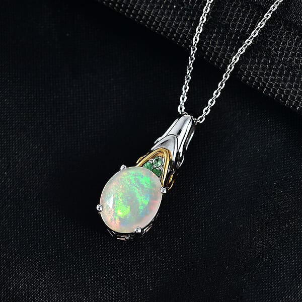 Shop Lc D'Joy Premium Ethiopian Welo Opal And Tsavorite Garnet 2.20 Ctw Aurora Leaf Crest Pendant Necklace In 18K Vermeil YG And Rhodium Over Sterling Silver 20 Inches