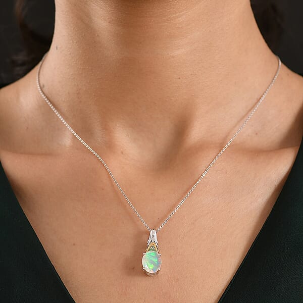 Shop Lc D'Joy Premium Ethiopian Welo Opal And Tsavorite Garnet 2.20 Ctw Aurora Leaf Crest Pendant Necklace In 18K Vermeil YG And Rhodium Over Sterling Silver 20 Inches