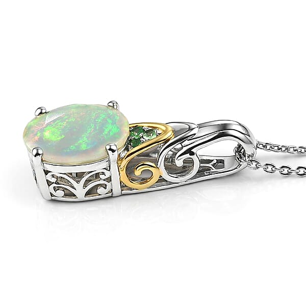 Shop Lc D'Joy Premium Ethiopian Welo Opal And Tsavorite Garnet 2.20 Ctw Aurora Leaf Crest Pendant Necklace In 18K Vermeil YG And Rhodium Over Sterling Silver 20 Inches