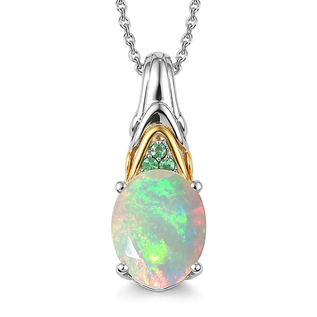 shop lc D'Joy Premium Ethiopian Welo Opal and Tsavorite Garnet 2.20 ctw Aurora Leaf Crest Pendant Necklace in 18K Vermeil YG and Rhodium Over Sterling Silver 20 Inches