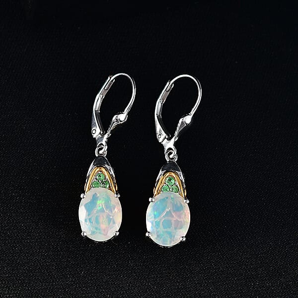 Shop Lc D'Joy Premium Ethiopian Welo Opal And Tsavorite Garnet 3.30 Ctw Aurora Leaf Crest Earrings In 18K Vermeil YG And Rhodium Over Sterling Silver