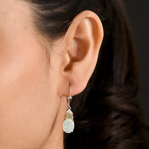Shop Lc D'Joy Premium Ethiopian Welo Opal And Tsavorite Garnet 3.30 Ctw Aurora Leaf Crest Earrings In 18K Vermeil YG And Rhodium Over Sterling Silver