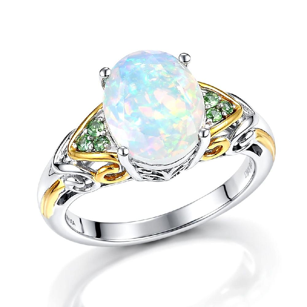 shop lc D'Joy Premium Ethiopian Welo Opal and Tsavorite Garnet 1.80 ctw Aurora Leaf Crest Ring in 18K Vermeil YG and Rhodium Over Sterling Silver