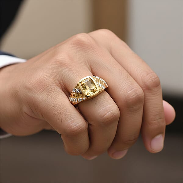 Shop Lc D'Joy Premium Golden Apatite And Moissanite 2.40 Ctw Men's Ring In 18K Vermeil Yellow Gold Over Sterling Silver