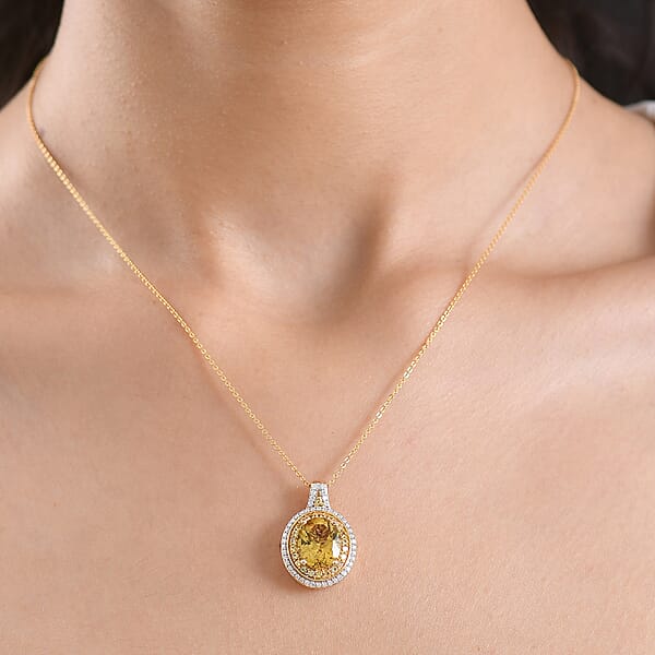 Shop Lc D'Joy Premium Golden Apatite And Multi Gemstone 4.60 Ctw Crownlight Halo Pendant Necklace In 18K Vermeil Yellow Gold Over Sterling Silver 20 Inches