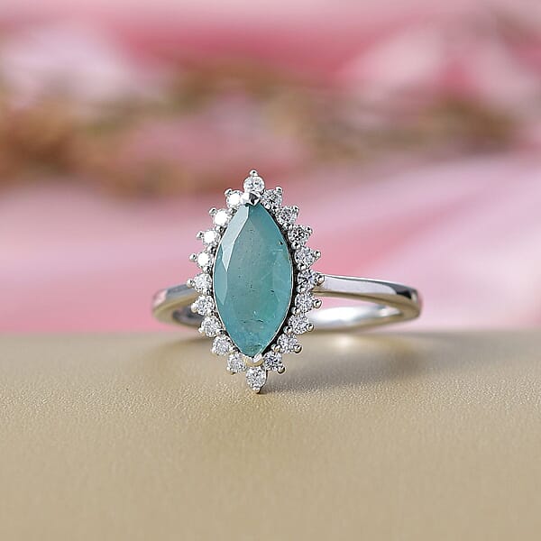 Shop Lc D'Joy Premium Grandidierite And Moissanite 2.10 Ctw Art Deco Halo Ring In Rhodium Over Sterling Silver