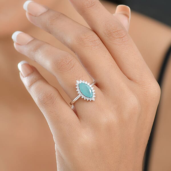 Shop Lc D'Joy Premium Grandidierite And Moissanite 2.10 Ctw Art Deco Halo Ring In Rhodium Over Sterling Silver