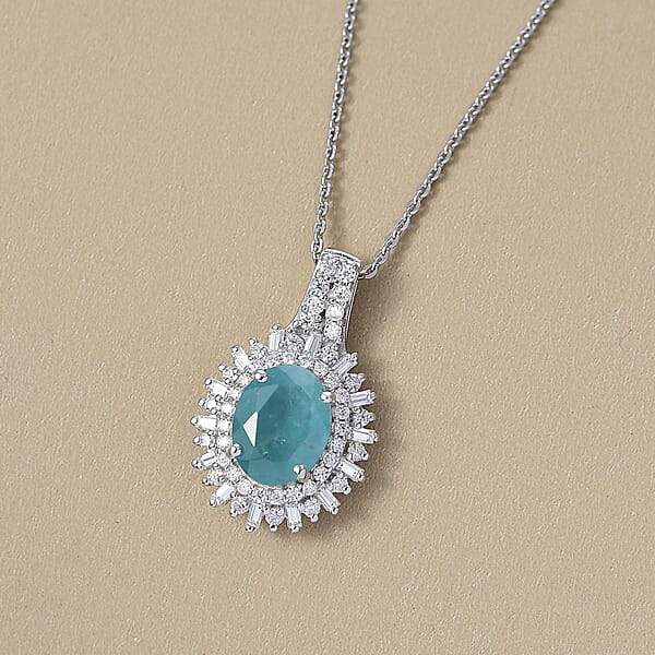 Shop Lc D'Joy Premium Grandidierite And Moissanite 2.40 Ctw Sunburst Halo Pendant Necklace In Rhodium Over Sterling Silver 20 Inches