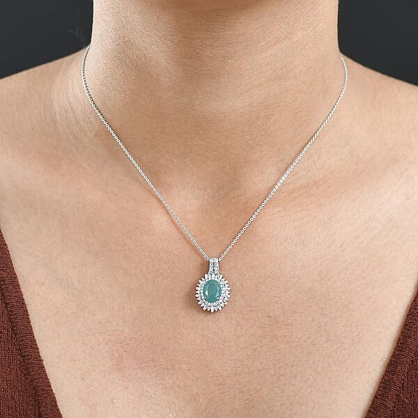 Shop Lc D'Joy Premium Grandidierite And Moissanite 2.40 Ctw Sunburst Halo Pendant Necklace In Rhodium Over Sterling Silver 20 Inches
