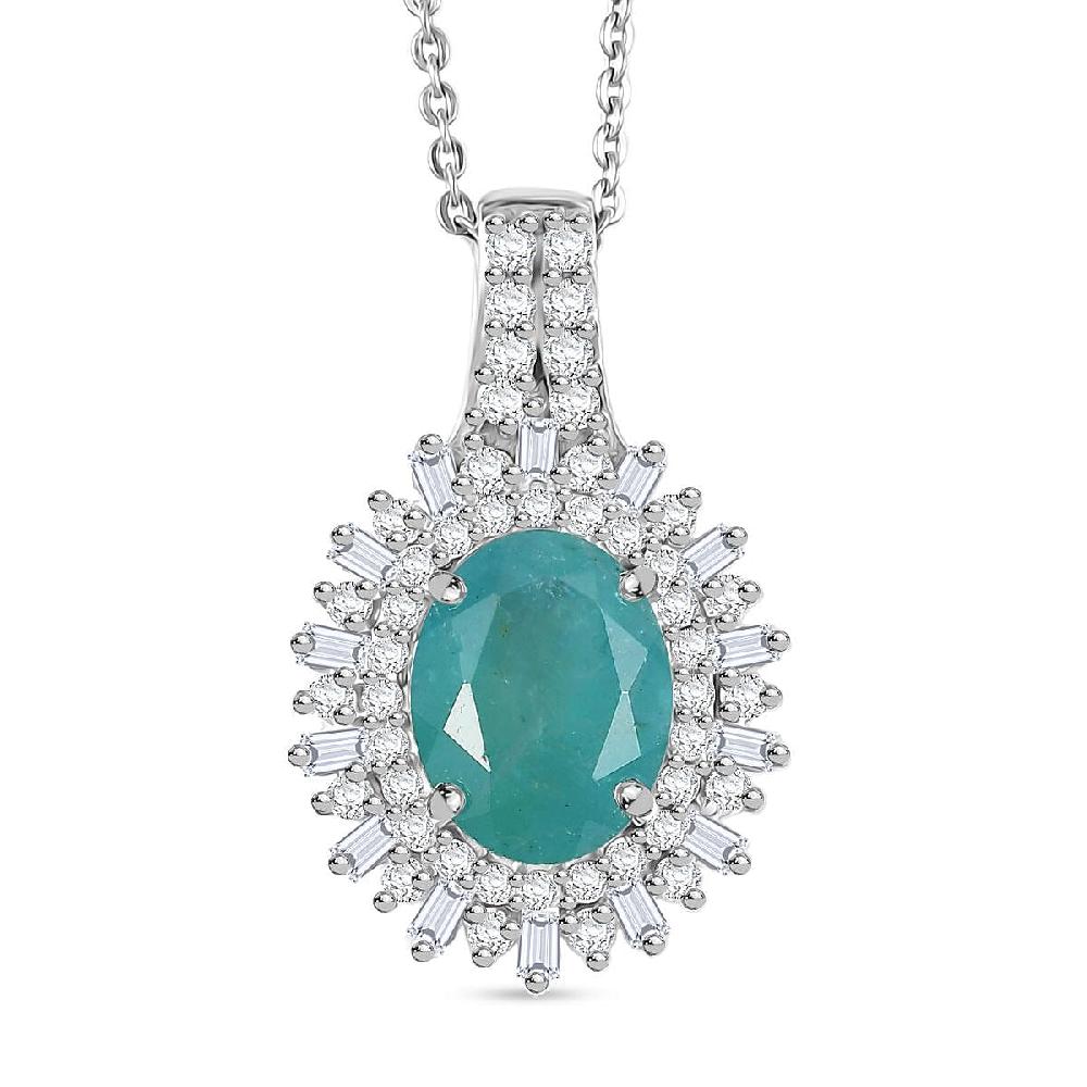shop lc D'Joy Premium Grandidierite and Moissanite 2.40 ctw Sunburst Halo Pendant Necklace in Rhodium Over Sterling Silver 20 Inches