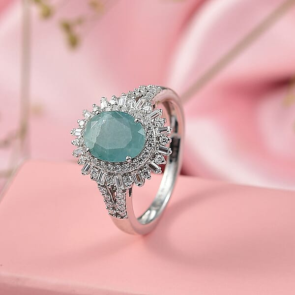 Shop Lc D'Joy Premium Grandidierite And Moissanite 2.50 Ctw Sunburst Halo Ring In Rhodium Over Sterling Silver