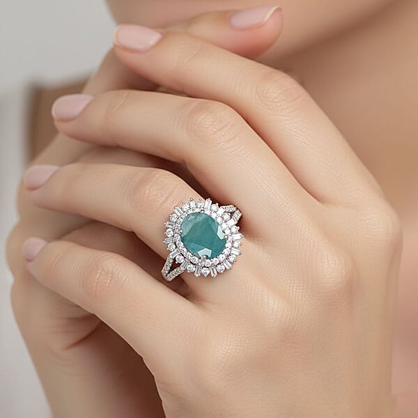Shop Lc D'Joy Premium Grandidierite And Moissanite 2.50 Ctw Sunburst Halo Ring In Rhodium Over Sterling Silver