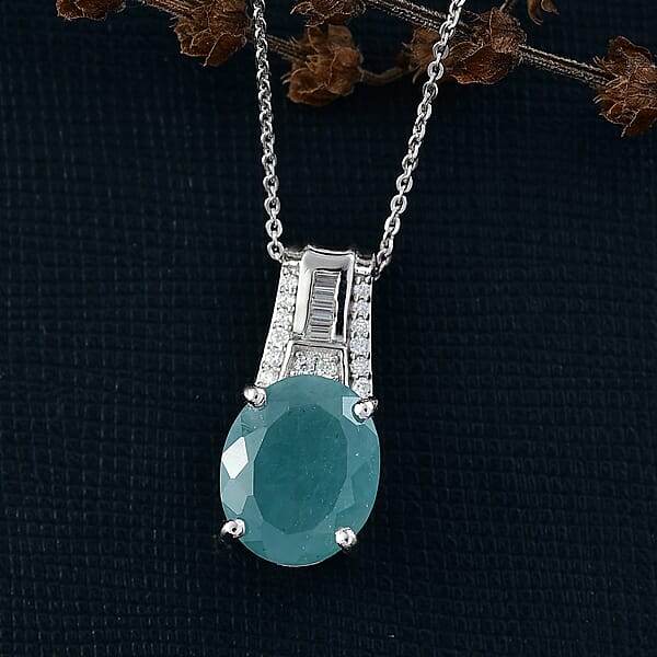 Shop Lc D'Joy Premium Grandidierite And Moissanite 4.70 Ctw Art Deco Pendant Necklace In Rhodium Over Sterling Silver 20 Inches