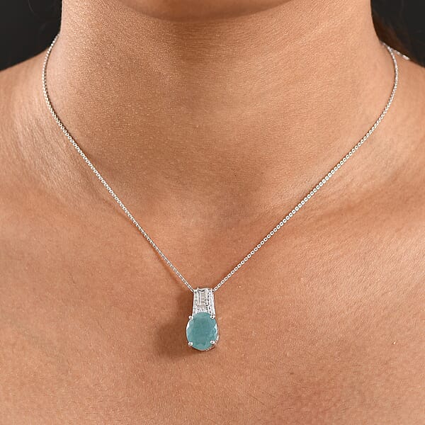 Shop Lc D'Joy Premium Grandidierite And Moissanite 4.70 Ctw Art Deco Pendant Necklace In Rhodium Over Sterling Silver 20 Inches