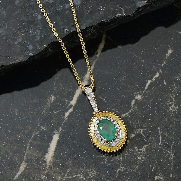 Shop Lc D'Joy Premium Kagem Zambian Emerald And Diamond 1.15 Ctw Halo Pendant Necklace In 18K Vermeil Yellow Gold Over Sterling Silver 20 Inches