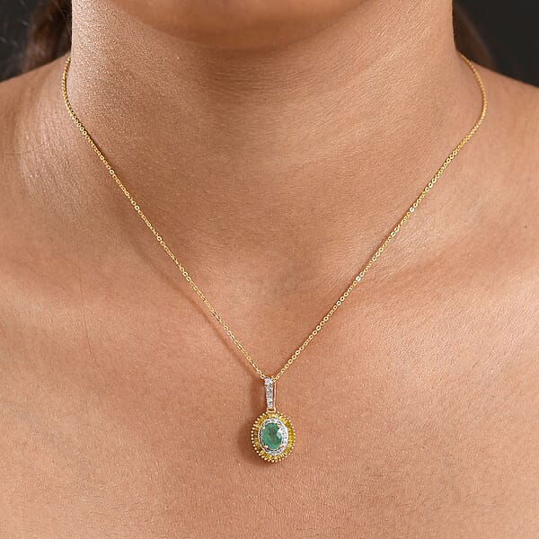 Shop Lc D'Joy Premium Kagem Zambian Emerald And Diamond 1.15 Ctw Halo Pendant Necklace In 18K Vermeil Yellow Gold Over Sterling Silver 20 Inches