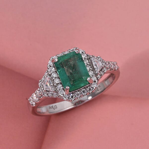 Shop Lc D'Joy Premium Kagem Zambian Emerald And Moissanite 2.20 Ctw Crowned Heirloom Ring In Rhodium Over Sterling Silver
