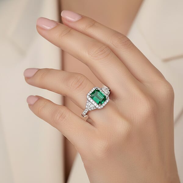 Shop Lc D'Joy Premium Kagem Zambian Emerald And Moissanite 2.20 Ctw Crowned Heirloom Ring In Rhodium Over Sterling Silver
