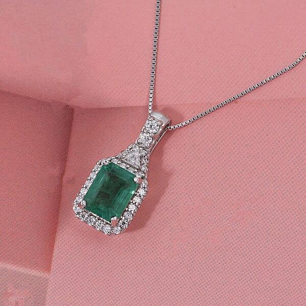 Shop Lc D'Joy Premium Kagem Zambian Emerald And Moissanite 2.00 Ctw Crowned Heirloom Pendant Necklace In Rhodium Over Sterling Silver 20 Inches