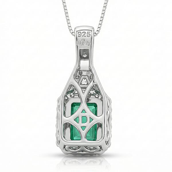 Shop Lc D'Joy Premium Kagem Zambian Emerald And Moissanite 2.00 Ctw Crowned Heirloom Pendant Necklace In Rhodium Over Sterling Silver 20 Inches