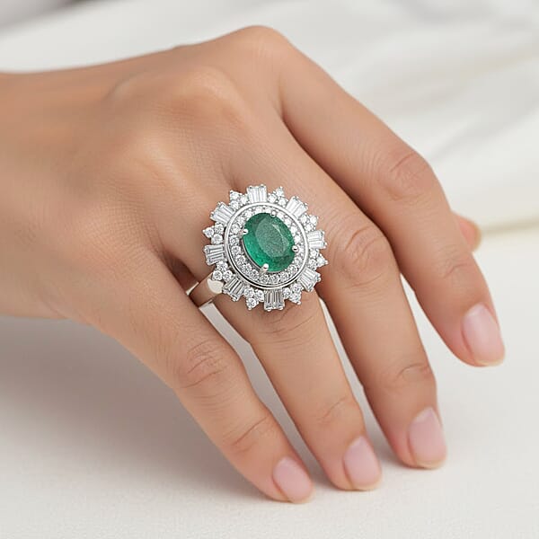 Shop Lc D'Joy Premium Kagem Zambian Emerald And Moissanite 2.00 Ctw Ring In Rhodium Over Sterling Silver
